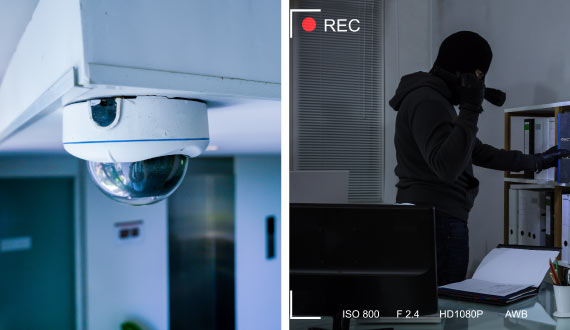 Collage of business security camera and burglary detection