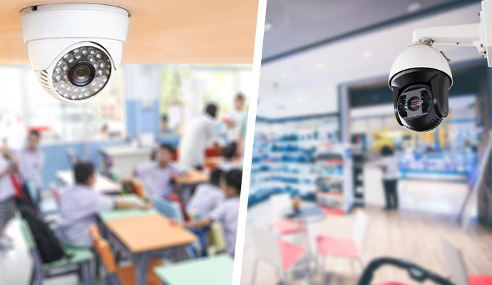 collage of security camera in school and retail shop 