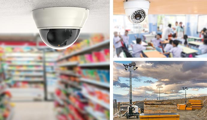 collage of security camera in retail shop, school and construction site