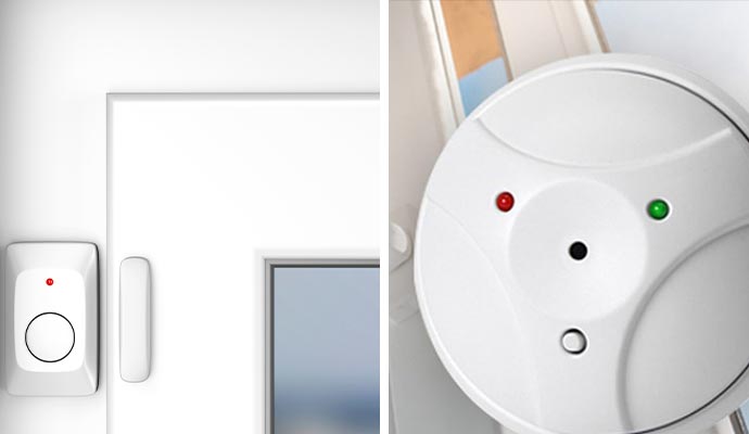  collage of door sensor and glass break detector