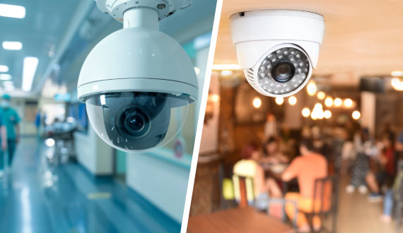 collage of installed security device in healthcare and restaurant