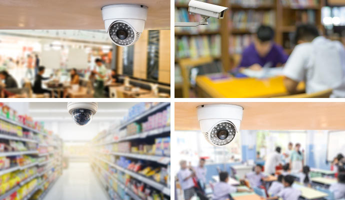 A collage showing surveillance cameras in various environments