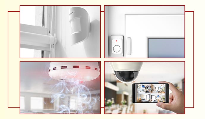 Motion sensors, window contacts, smoke detectors, and security cameras.