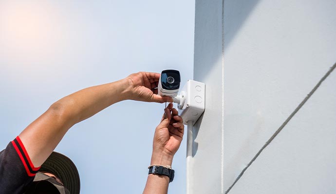 Person installing a security camera on the wall